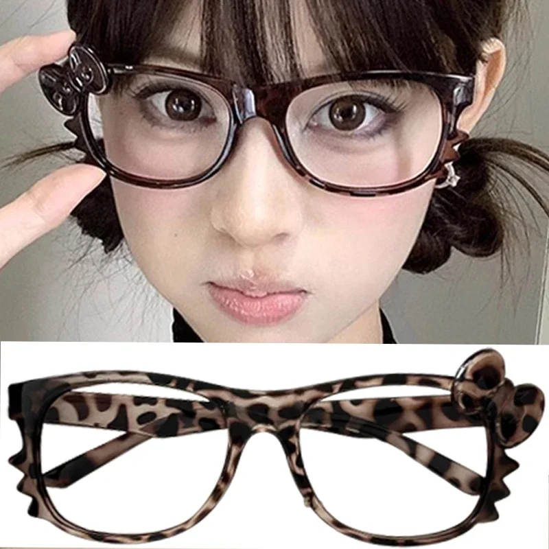 

Hot Girls Leopard Print Bow Eyewear Women Fashion Vintage Cartoon Anime Large Oval Frame Eyeglasses Y2k Without Lenses Glasses