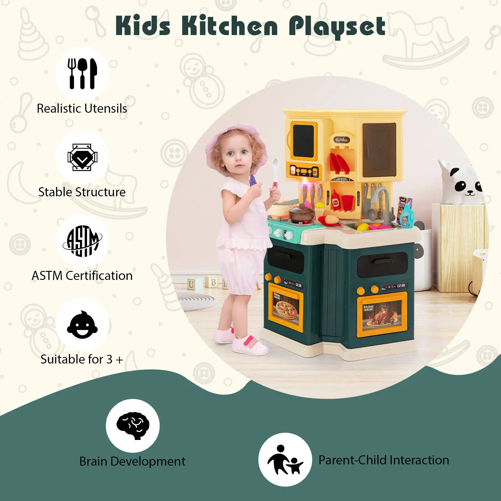 Giocattolo da cucina Costway Play per bambini con 67 pezzi accessori per set da cucina e luce e suoni