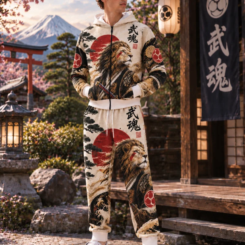 Men's Japanese Lion Tracksuit 2Pcs Set Samurai Print Zip Up Hoodie Sweatpants Mount Fuji Graphic Streetwear