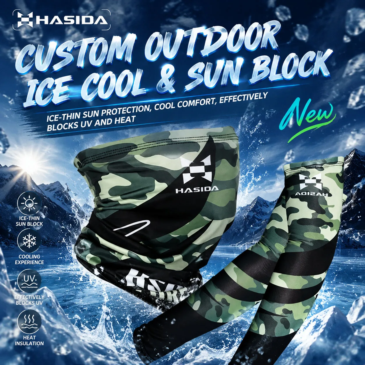 HASIDA 1PC Camouflage Color Breathable Light&Comfortable Cool Feeling Sunscreen Summer Fishing Face Towel&ICE SLEEVE