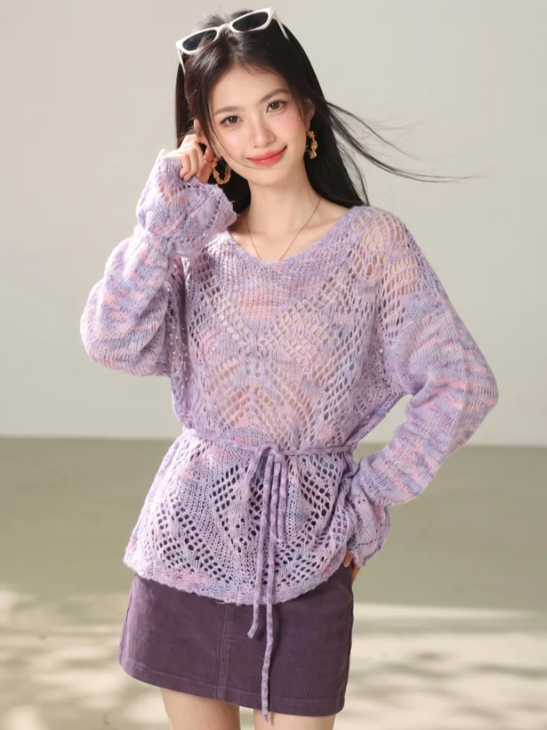 Gradient Color Knitted V-Neck Hollow out Long Sleeve Women's Sweater Loose Comfortable Spring Autumn Neck Hanging Silk Ribbon