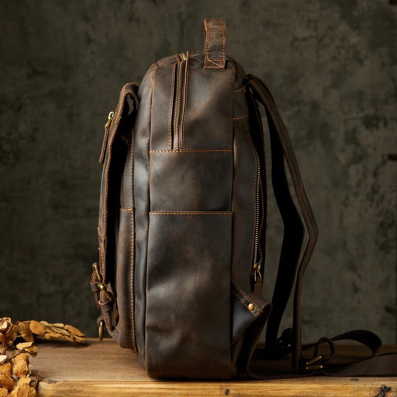 Vintage Handmade Crazy Horse Leather Backpack For Men Retro Genuine Leather Hiking Travel Rucksack Male Cowhide Business Bag