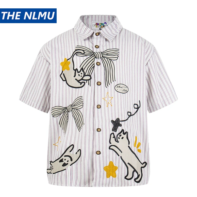 

Vintage Striped Shirt Men's Cat Print Star Embroidery Short Sleeve Shirts Unisex Couple Loose Fit Blouse Hip Hop Streetwear Tops