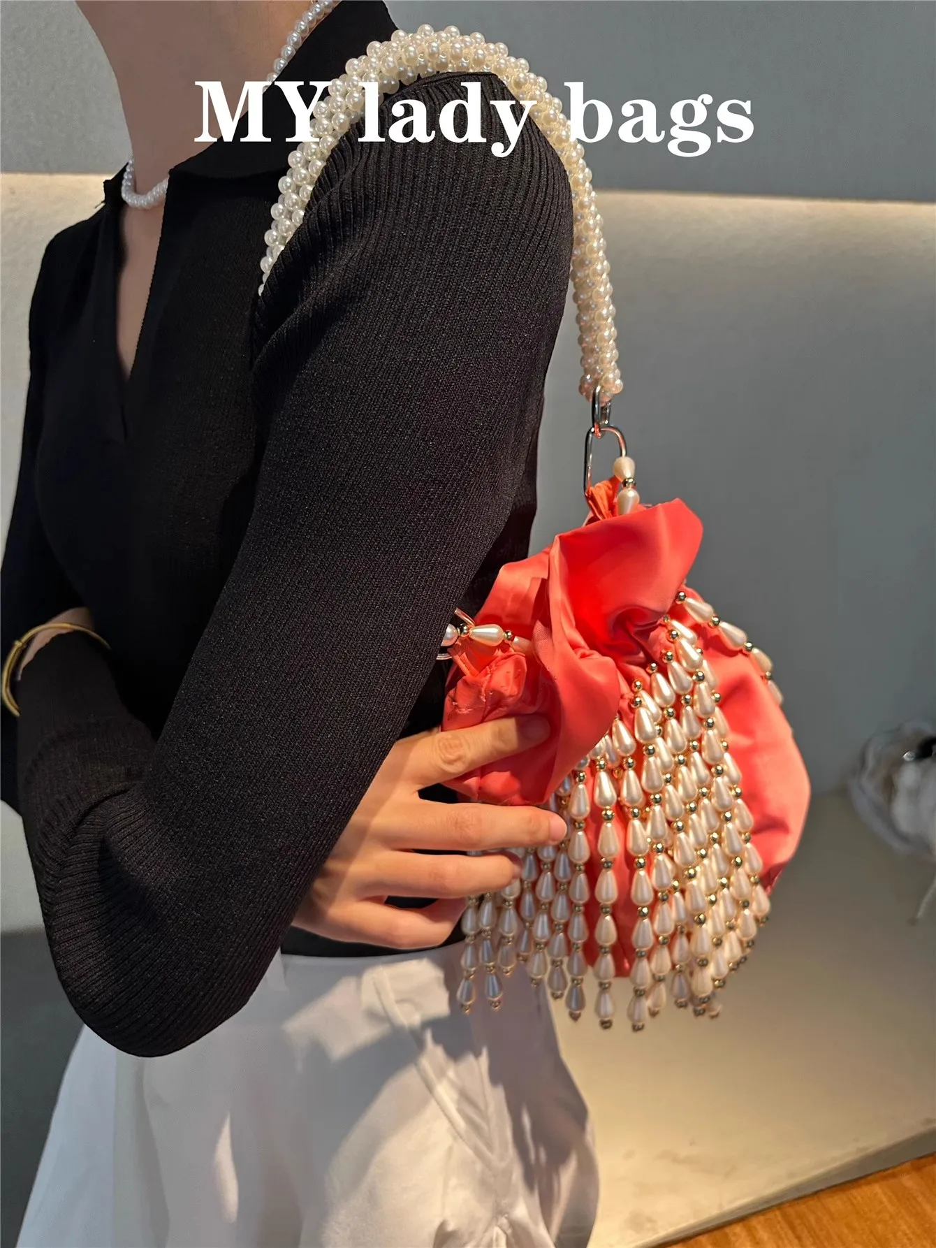 

Beads Beading Tassel Hobo Bag Luxury Satin Bucket Bag Pearl Beaded Woven Handmade Women Handbag Fashion Shoulder Underarm Bag