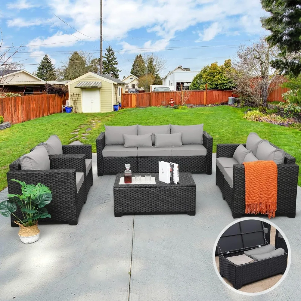 Patio Furniture Sofa Set Outdoor Wicker Sectional Couch with Storage Table Non-Slip Cushions Furniture Covers