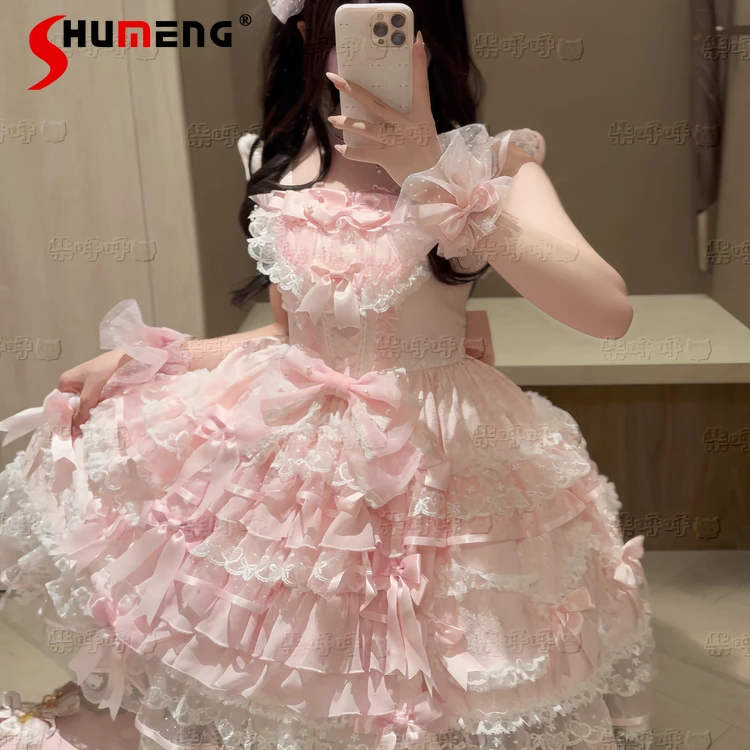

Pink Princess Style Suspender Dress Jsk Summer 2025 Japanese Girl's Sweet Cute Bow Lace Wedding Dress Japanese Lolita Dresses