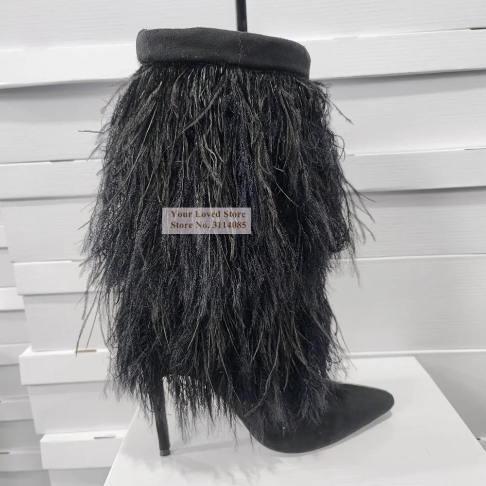 Luxury Black Feather Fur Mid-Calf Boots Black Suede Stiletto Heel Fluffy Fringe Middle Boots Warm Plush Outdoor Shoes Real Photo