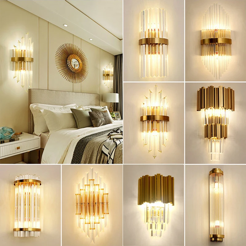 

LED Dimmable Wall Lamps Crystal Indoor Gold Wall Lights for Bedroom Bedside Modern Interior Home Decorative Mirror Free Shipping