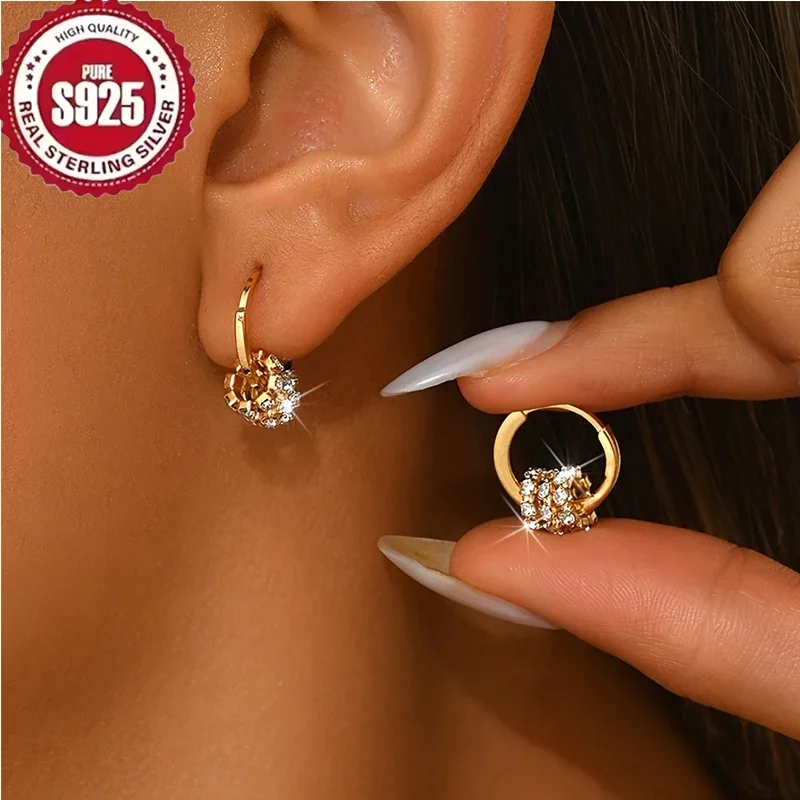 

Серьги-кольца из стерлингового серебра 925 пробы с позолотой, изящные сверкающие серьги-кольца с цирконием, гипоаллергенные элегантные украшения для женщин