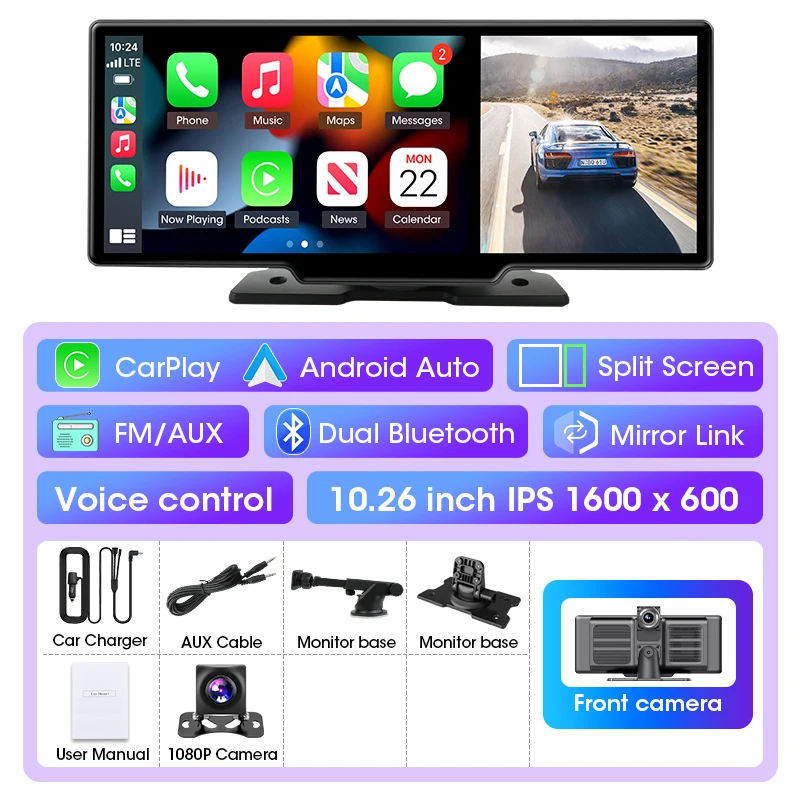 10/11.26 inch Dash Cam 4K Auto DVR Draadloze Carplay & Android Auto GPS Navigatie Video Recorder Dashboard Dual Lens Wifi FM AUX