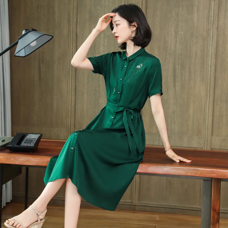 9109 summer new WOMEN'S lace-up waist long shirt dress ricamo stand collar thermal dress 2024