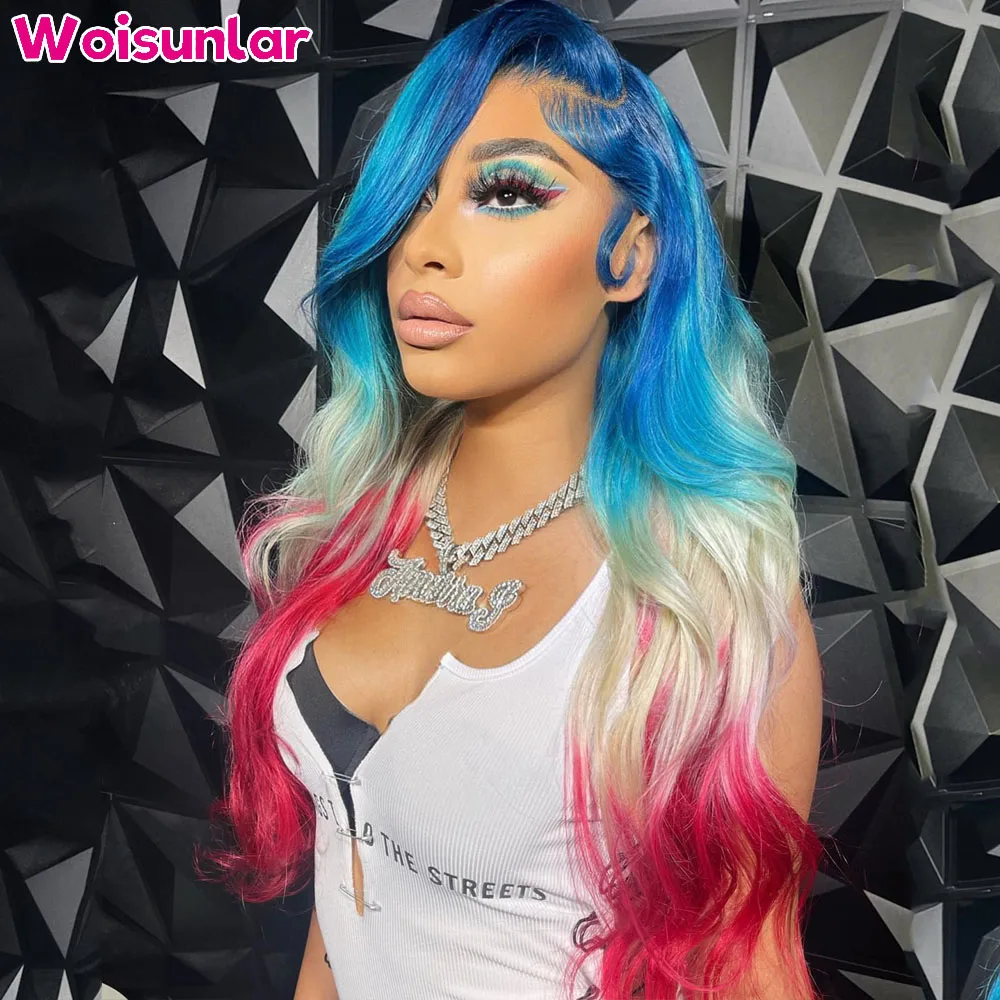 Perruque Lace Closure Wig Body Wave brésilienne naturelle, cheveux humains, pre-plucked, bleu ombré et rouge 613, 4x4, 13x6, lace front transparent, 613