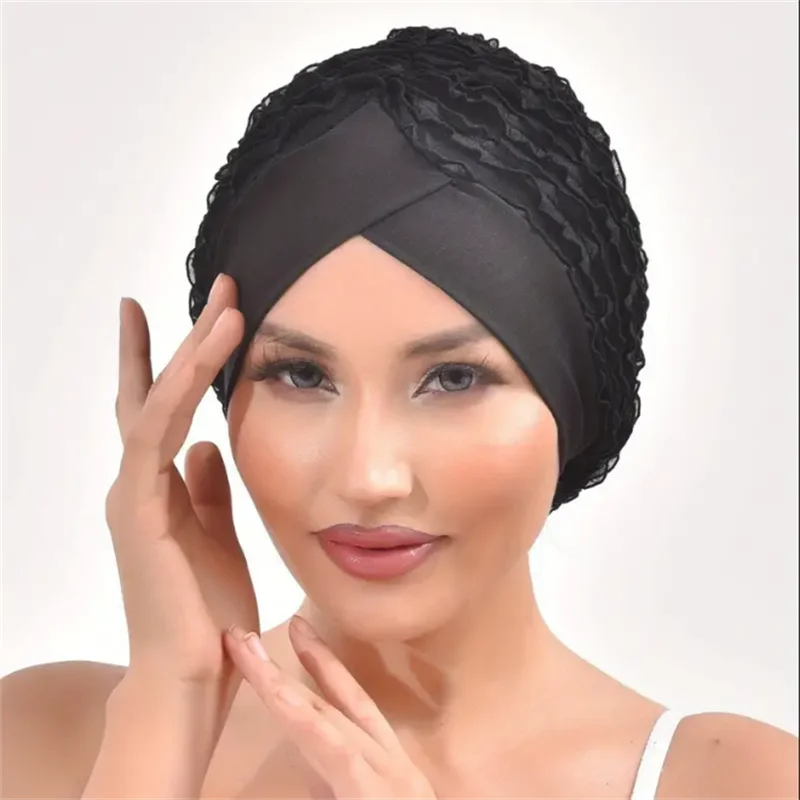 Fashion Women Ruffle Lace Turban Cap Elastic Islamic Female Solid Color Head Wraps Muslim Headscarf Lady Beanie Caps