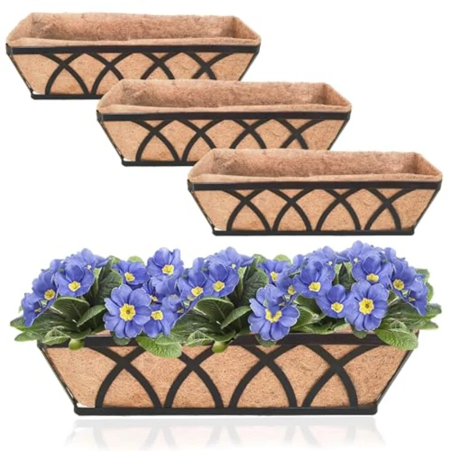 

Outdoor balcony rail planter set, galvanized steel, black, 4-pack 24-inch flat horse trough planters with coco fiber liners for