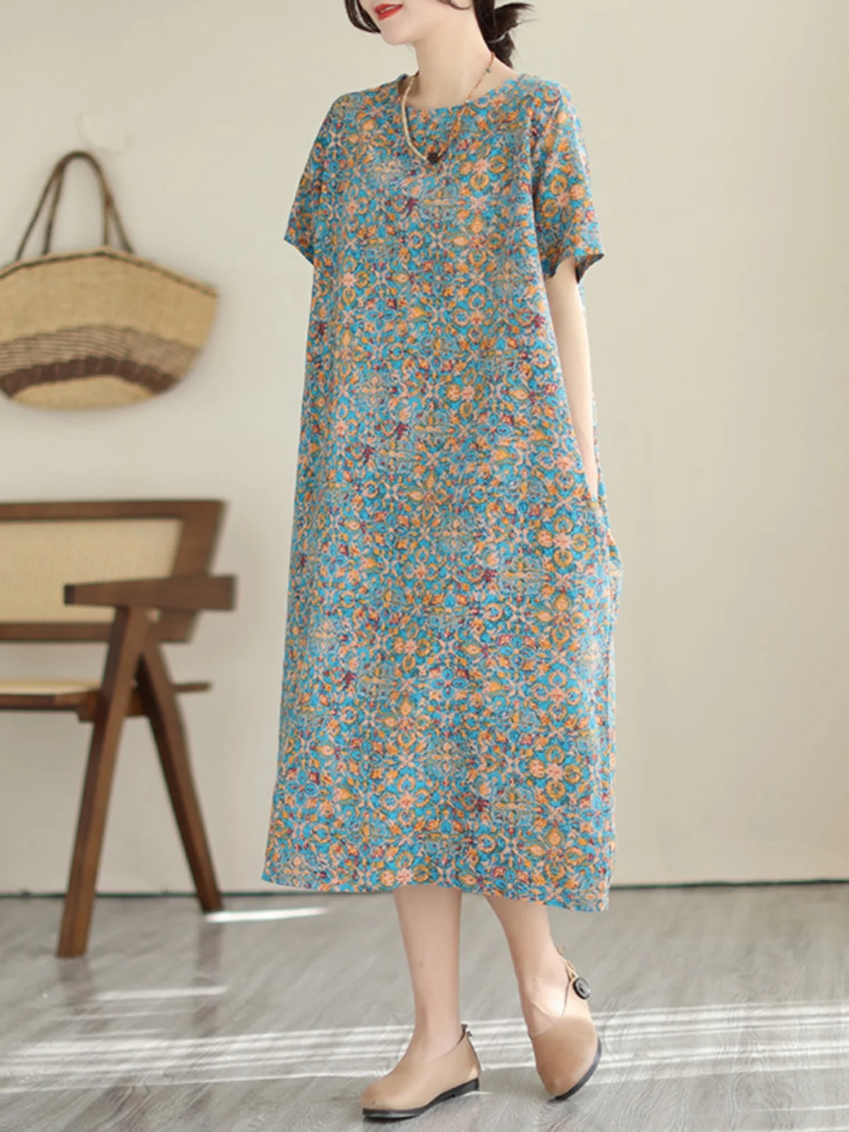 فستان صيفي جديد بطباعة عتيقة من القطن والكتان، فستان طويل بمقاسات كبيرة للنساء، تصميم دائري الرقبة بأكمام قصيرة يغطي الورك، ف... #2