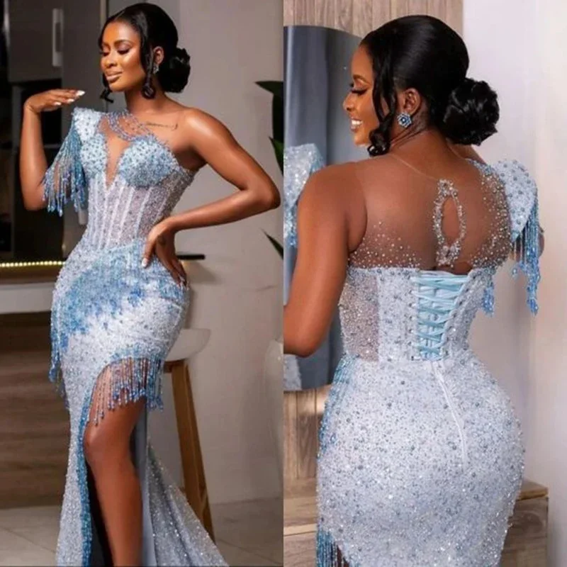 ชุดราตรีหรูหราสไตล์แอฟริกันประดับเพชรพู่ห้อยแบบนางเงือก  ชุดออกงานกลางคืนเซ็กซี่แบบเปิดไหล่ข้างเดียวผ่าข้าง  ชุดบอลเดรสสั่งตัดได้