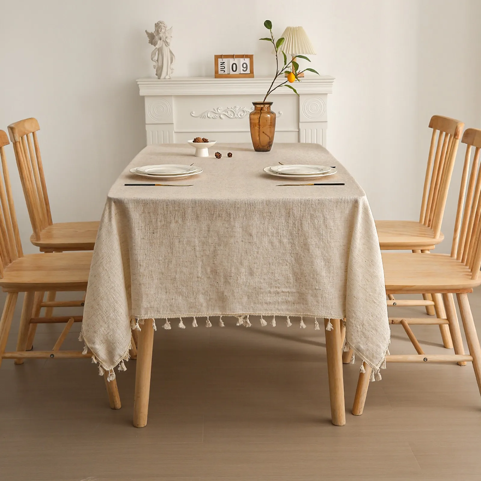 Japanese Style Linen Tablecloth with Tassel, Striped Solid Color Decorative Table Cover for Dining Table