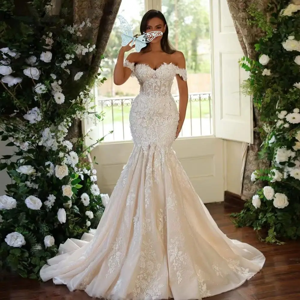 

Винтажное платье русалки с цветочным принтом, 2025 г., платье с открытыми плечами, Vestido Novia, кружевное свадебное платье с аппликацией, Robe De Mariee