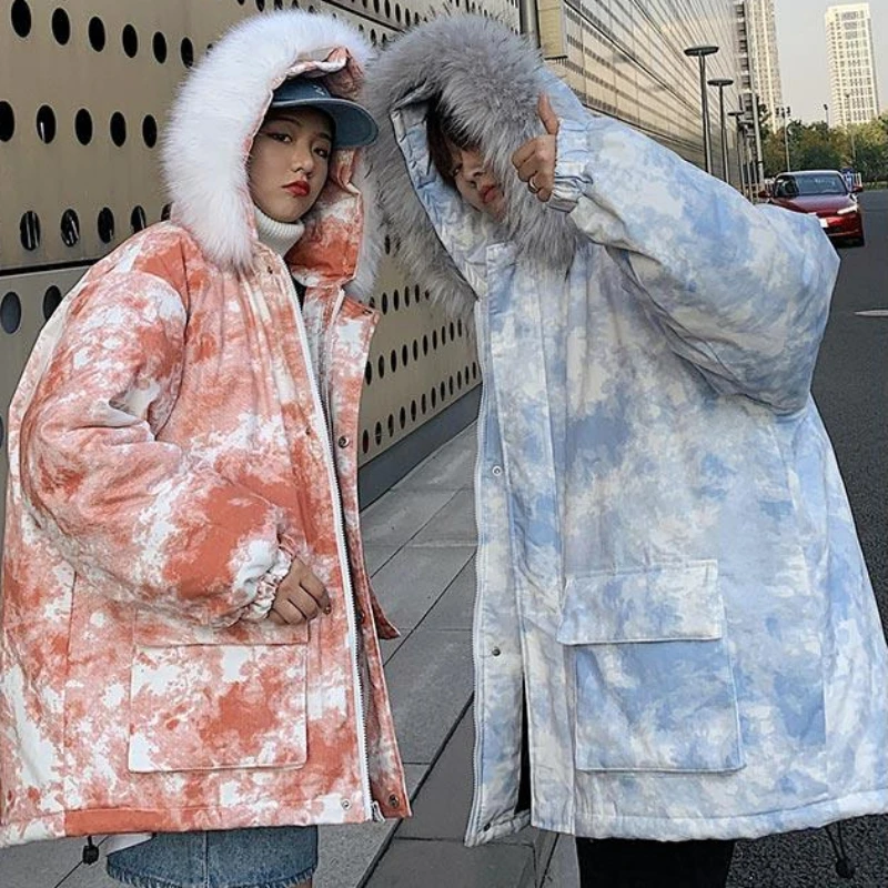 

Parkas Men Unisex All-match Warm Winter Tie-dye Korean Style High Street Stylish Advanced Hooded Couple Clothing Popular Daily