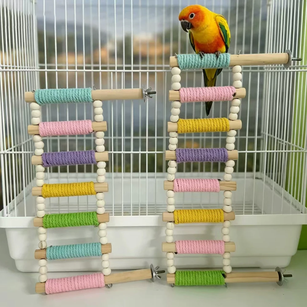1 Stück Interaktive Bunte Papageien-Kletterleiter Holz-Vogelspielzeug Seilumwickelte Makaron-Sitzstangenbrücke für Nymphensittiche und Wellensittiche Käfigspielzeug – Detail 4