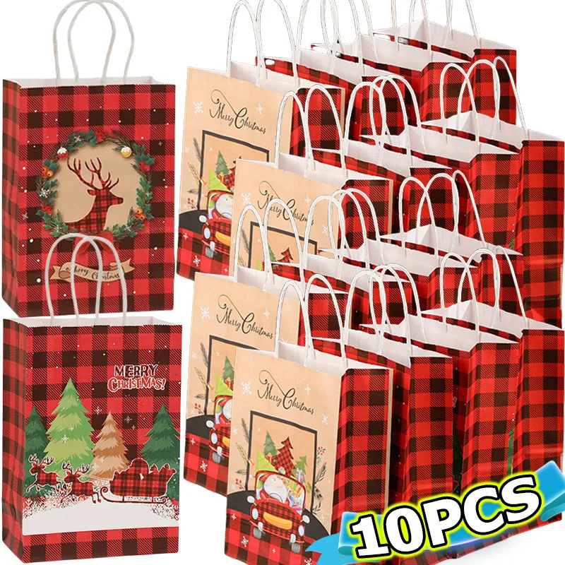 Bolsa de mano con rejilla Retro de papel Kraft de Navidad, caja de regalos de Año Nuevo de Papá Noel, bolsa con asa para embalaje de galletas y dulces para fiesta, 2024