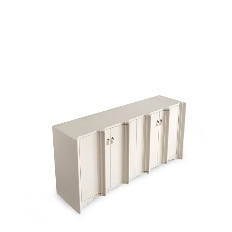Modern style creamy white groove decorative side cabinet, 4 doors simple buffet table, suitable for living room dining area
