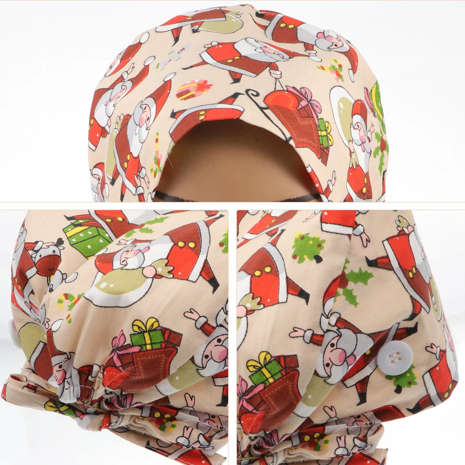 Botones de gorro de trabajo a prueba de polvo con estampado navideño de algodón, cubierta sanitaria para la cabeza para enfermera Spa