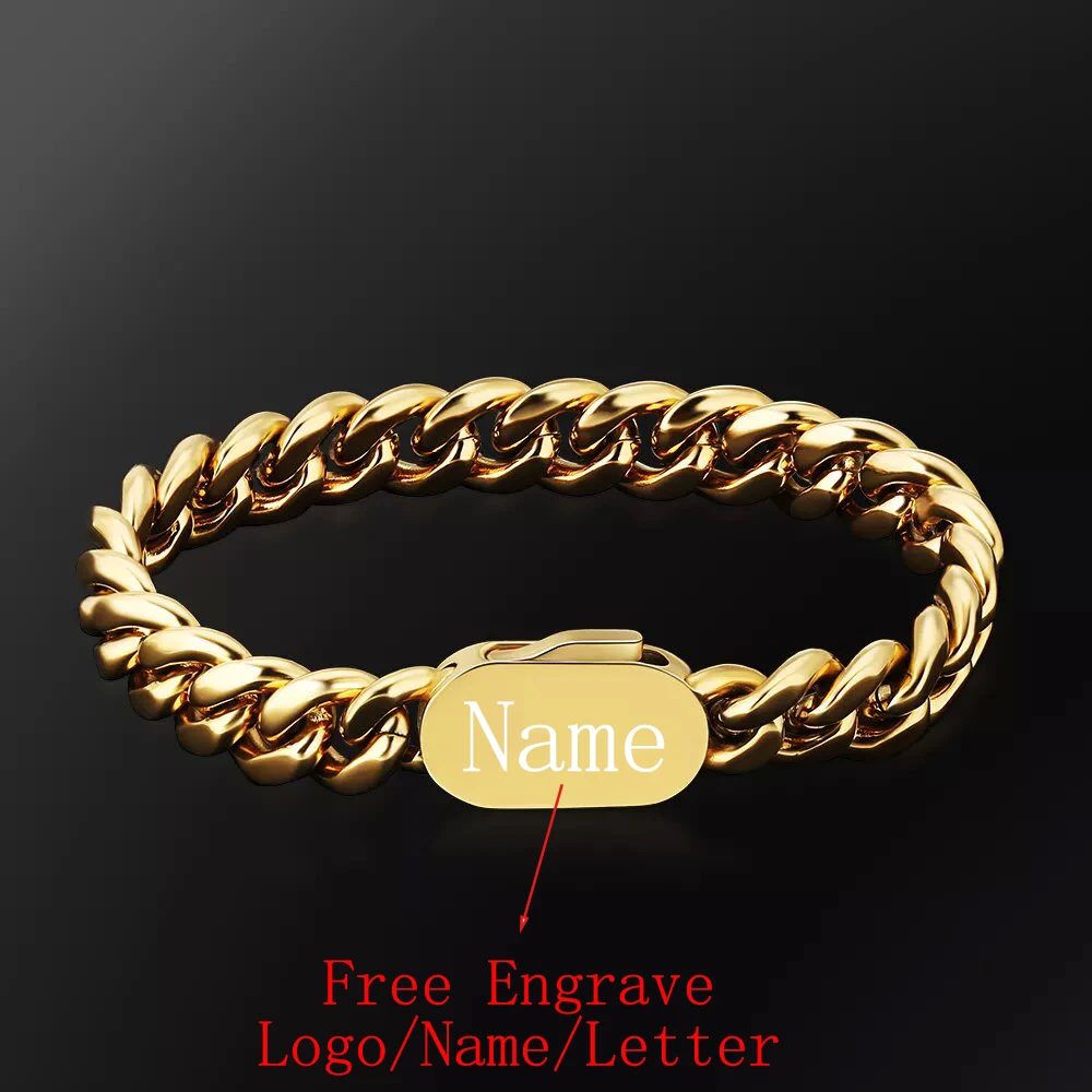 

6/8/10/12MM Width Hip Hop jewelry Miami Cuban Stainless Steel Men Bracelet 18K Gold Plated Free Engrave Logo Cuban Link Bracelet