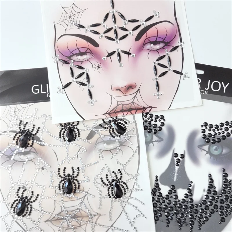 Black Spider & Spider web Demon Stereo Gem Stickers trucco occhi viso gioielli adesivi Party Stage Cosplay Halloween tatuaggi finti