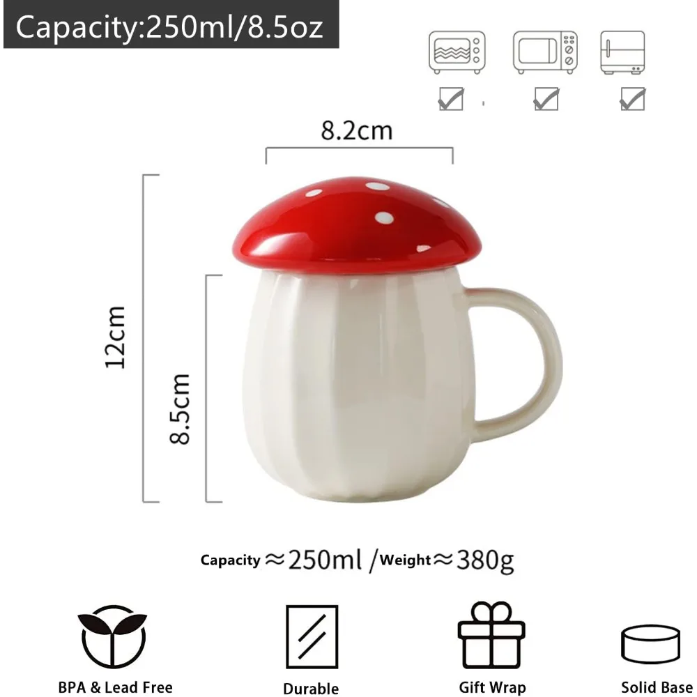 1pc 250ml Creative Red Mushroom Cup Mug with Lid Ceramic Coffee Cups Cute Water Drinking Milk Mug for Household and Office Gift