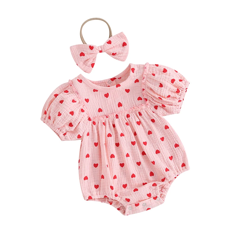 Infant Baby Girl Valentine s Day Romper Jumpsuit Headband Toddler Short Puff Sleeve Heart Print Romper Summer Outfit