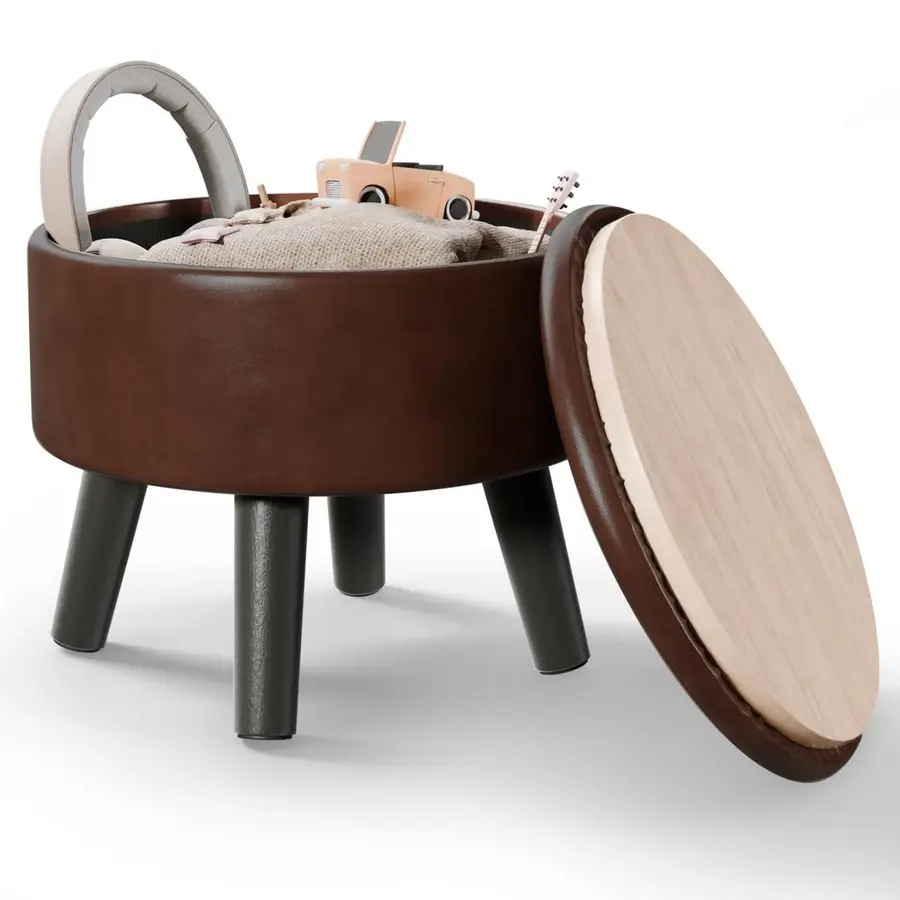 

Табурет для ног с местом для хранения, османская подставка для ног из искусственной кожи для дивана, круглые пуфики для ног для гостиной, коричневый