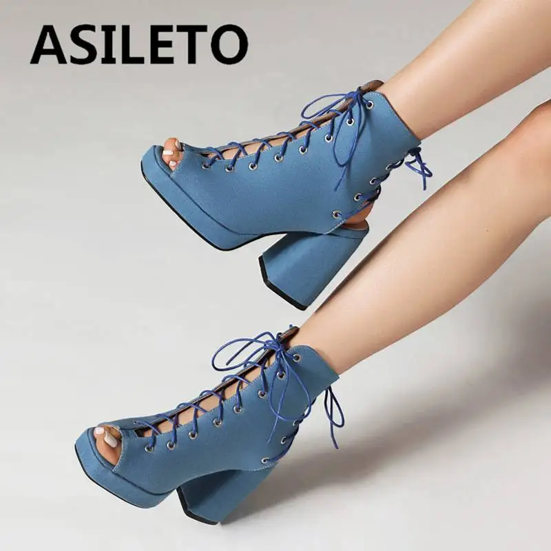 ASILETO Cross-Strap Sandals Peep Toe Chunky Heels 9cm Platform Lace Up Large Size 45 46 Sexy Party Shoes For Women Roma Style