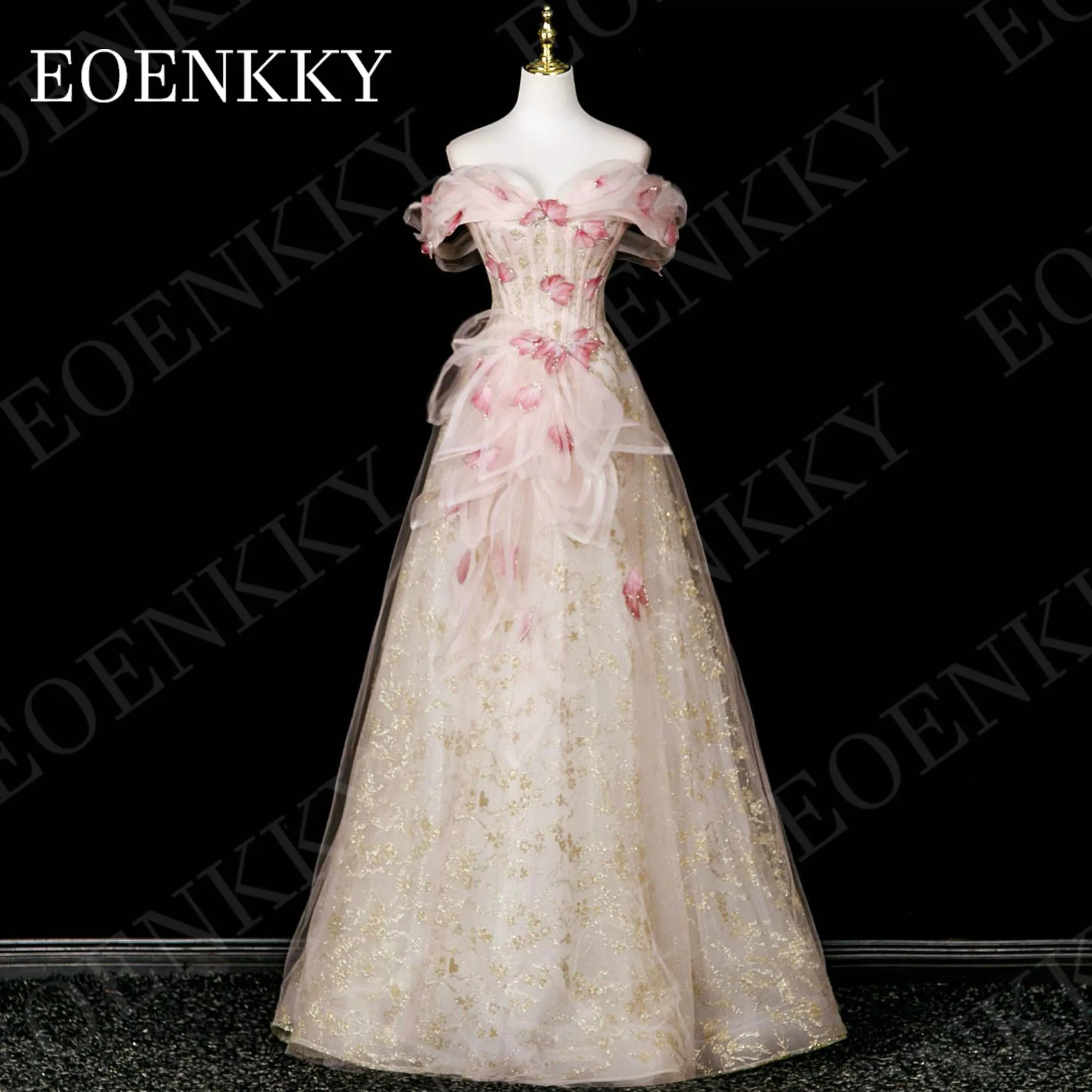 

EOENKKY Glitter Evening Dresses Vintage Prom Dress Off the Shoulder Woman Floral Appliques Tulle A Line Dinner Gown Customized