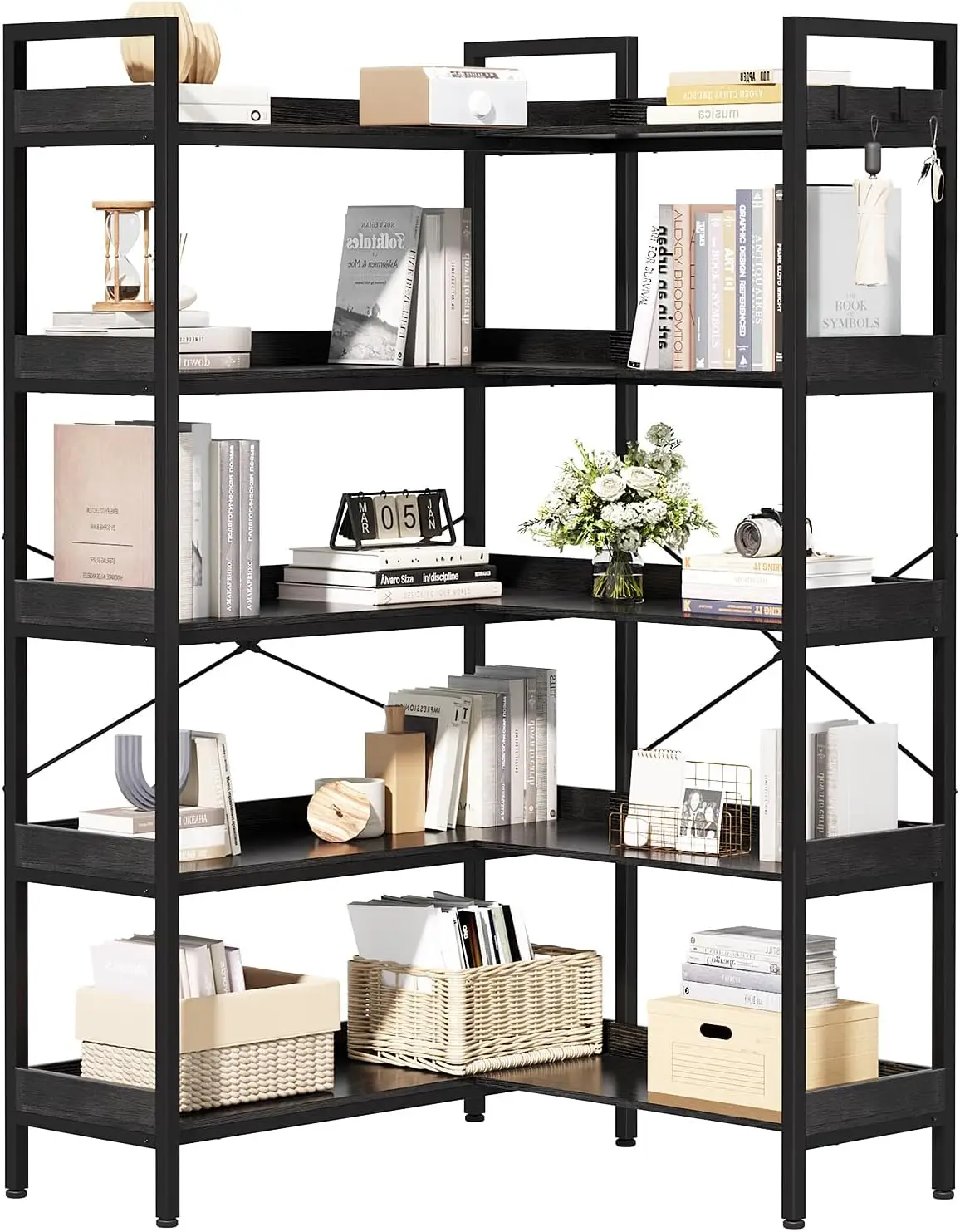 5 Tier L Shaped Corner Bookshelf with 4 Hooks, Reversible Industrial Bookcase Wood and Metal Frame, 65 Inch Display Storage Rack for Living Room