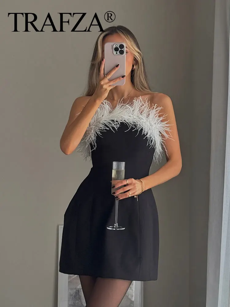 TRAFZA Summer Party Dress Woman 2024 Trendy Black Strapless Sleeveles Backless Feather Decorate Zipper Female Sexy Sheath Dress