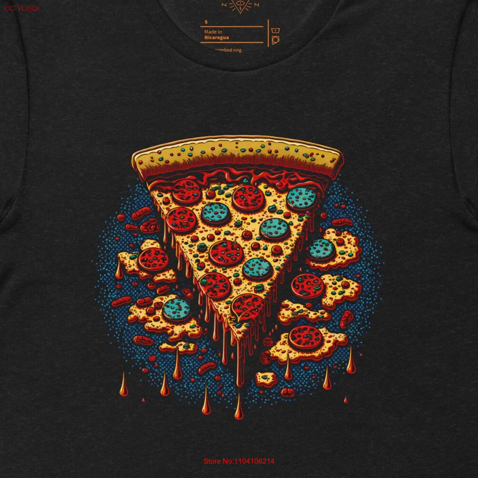 Vintage Style Psychedelic Pizza Slice T Shirt Soft High Quality Fabric with Groovy Retro Details long or short sleeves