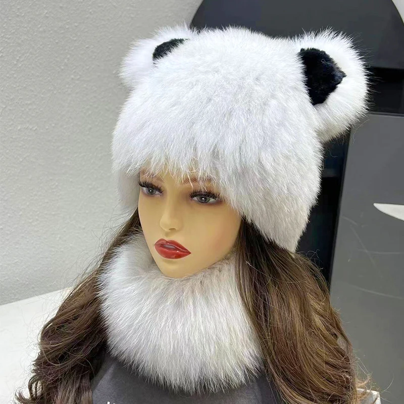 

New Genuine Real Natural Knitted Mink Fur Hat Cap Luxury Women Handmade Knit Fashion Winter Headwaear Warm Real Fox Fur Beanies
