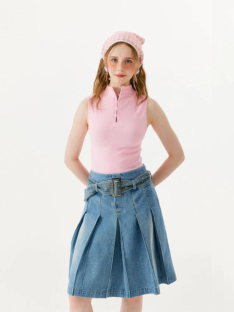 REDDACHiC Women Acubi Fashion Knee-length Denim Pleated Skirt Stylish Casual Plain Midi Long Jean Skirt Blue Vintage Y2k Clothes