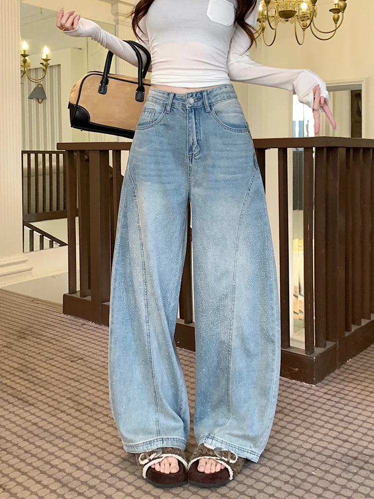 

Женские джинсы с высокой талией и широкими штанинами, новая весенняя модель, с богатой отделкой, из плотного денима, повседневные, синие