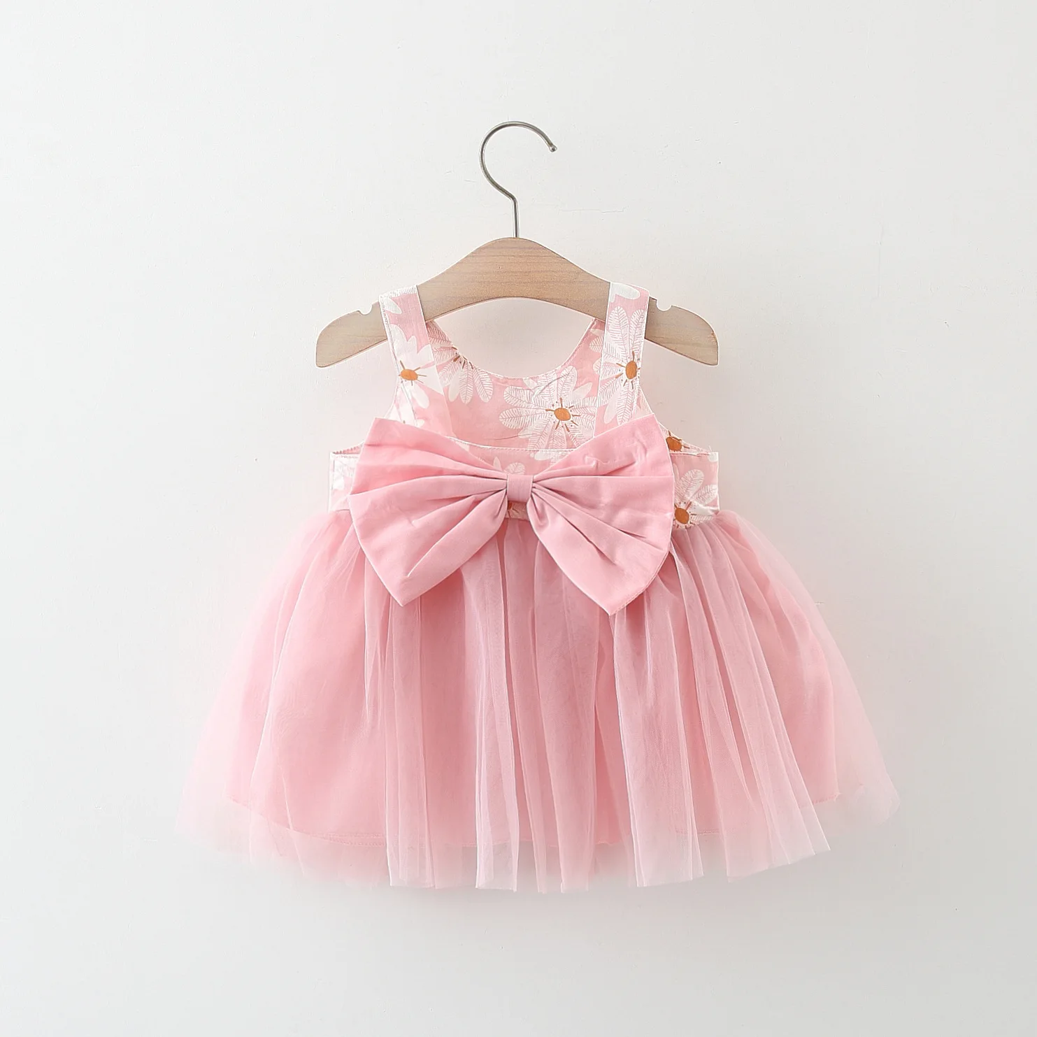 Summer girl baby dress newborn baby chrysanthemum print splicing mesh large bow sleeveless princess dress