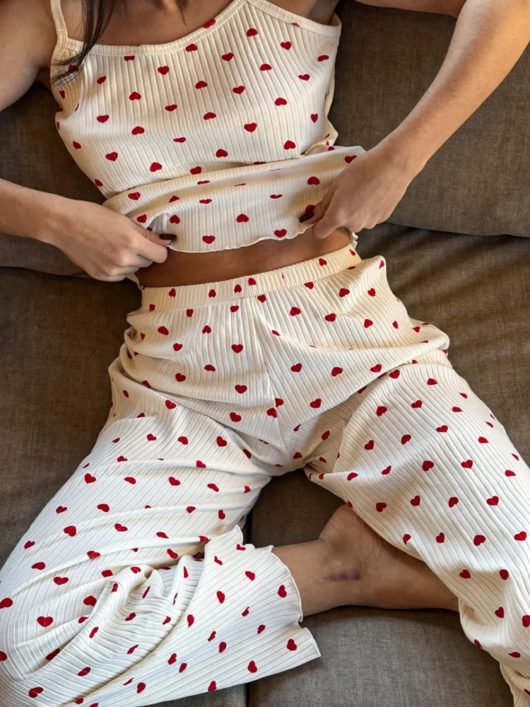 

HiLoc Spring Casual Heart Print Set Loungewear 2026 Home Sleeveless Camisole With Elastic Waist Trousers 2 Piece Sets Women 2026
