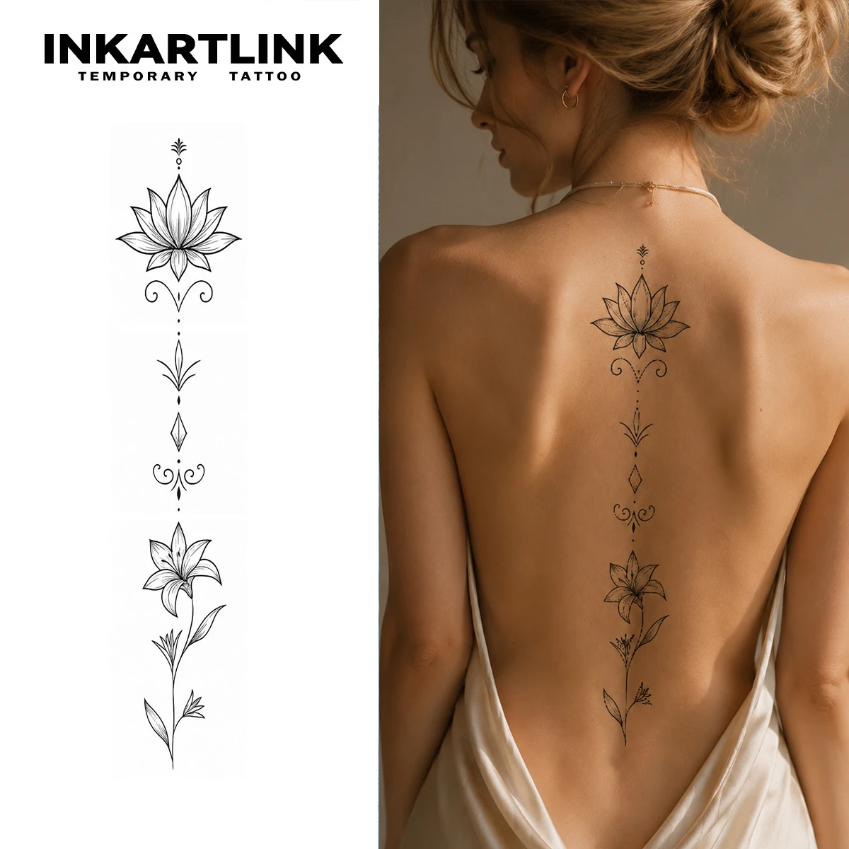 INKARTLINK 1PC New Women's Temporary Tattoo Sticker – Double Lily Vertical Stripe Design – Waterproof – Suitable for Back