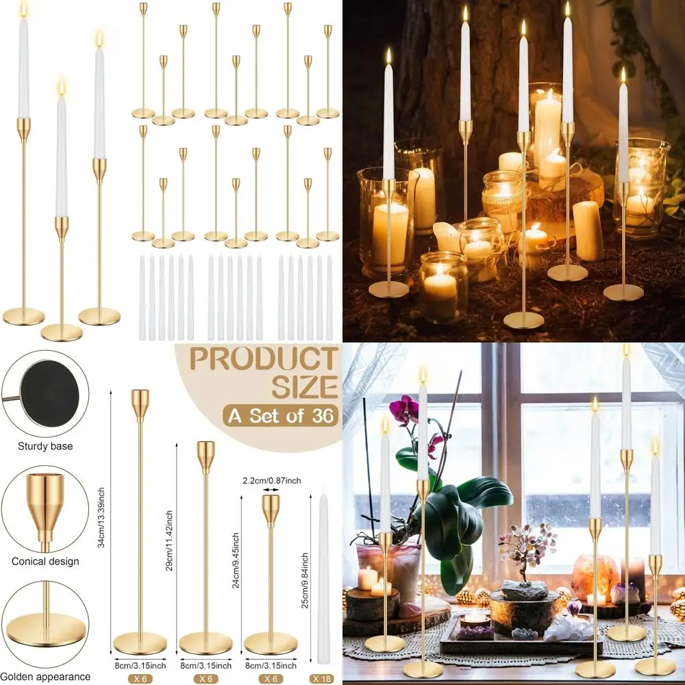 

Christmas Matte Candle Holders Set - 36 Pieces with White Taper Candles, Decorative Candlestick Holders, Dripless Tapered Candle