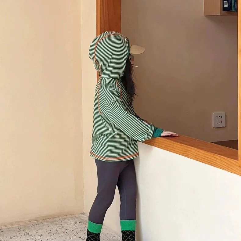 

Autumn Kids Baby Girls T-shirt Korean Hooded Striped Toddler Girls Shirt Casual Versatile 3color Infant Girls Tops Undershirt