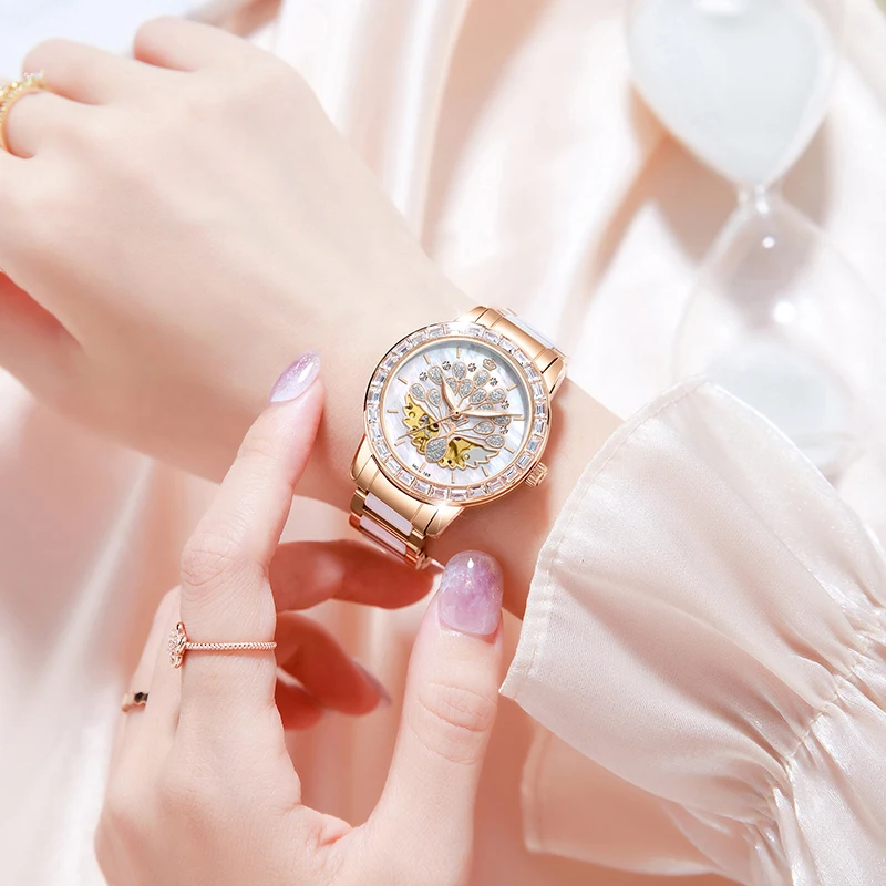 Top marque automatique mécanique femmes montre mode dames strass squelette or Rose céramique montres de luxe Reloj Mujer