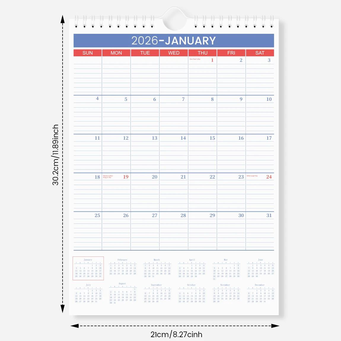 2026 Wall Calendar Monthly Hanging Planner, Spiral Bound, Large Writing Space, Home Office Organizer