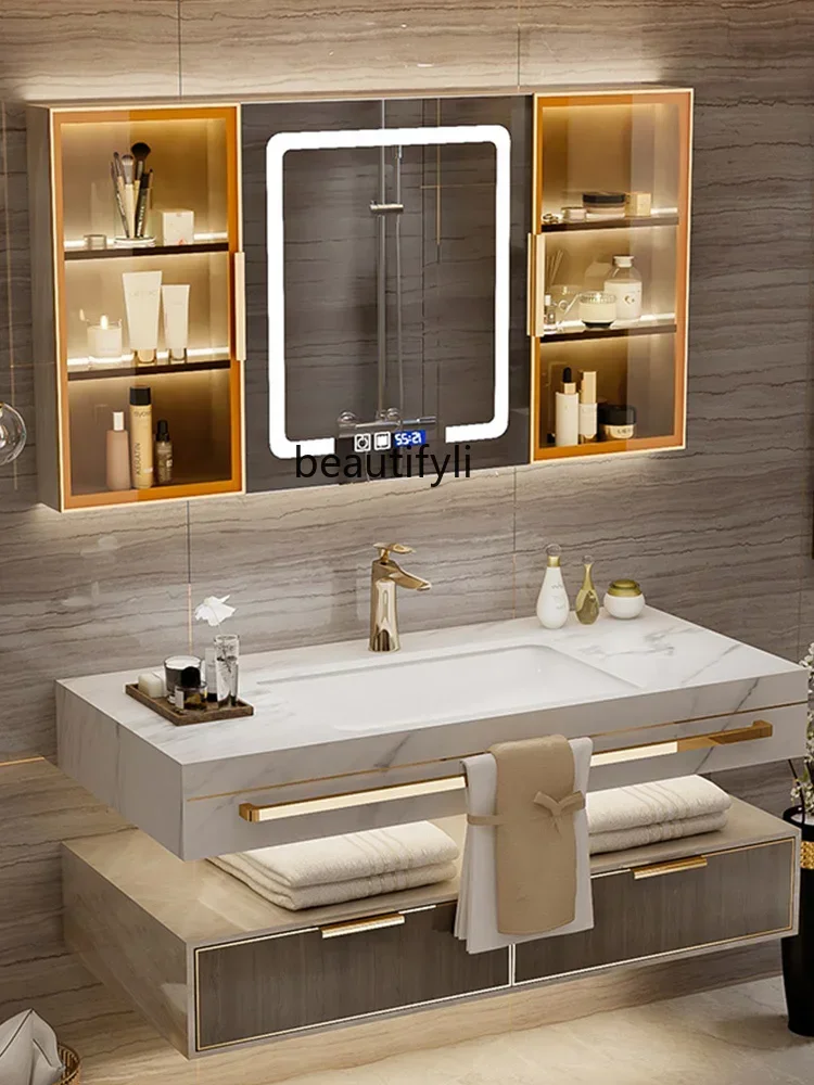 cqyLight Luxury Stone Plate Seamless Basin Bathroom Cabinet Combination Hotel Style Large Suite Bathroom Hand Washing