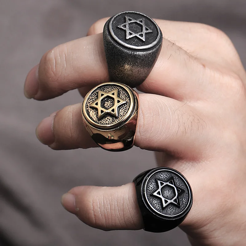 

Jewish Star of David Male Ring Punk Rock Stainless Steel Hexagon Rings for Men Retro Jewelry Size 7-13