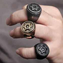 Jewish Star of David Male Ring Punk Rock Stainless Steel Hexagon Rings for Men Retro Jewelry Size 7-13